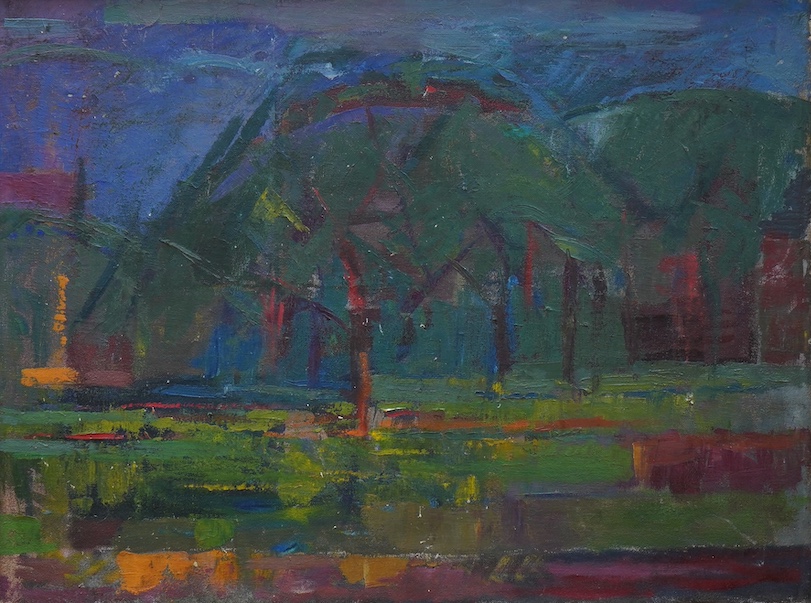 Donald G. Womack, oil on canvas, Abstract oil on canvas, ‘Landscape, Hyde Park’, 'Young Contemporaries' inscribed label verso, 45 x 60cm. Condition - fair